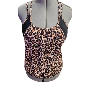 NWT Leopard Print Swim Top w/ Built In Bra Adjustable Straps Sz L